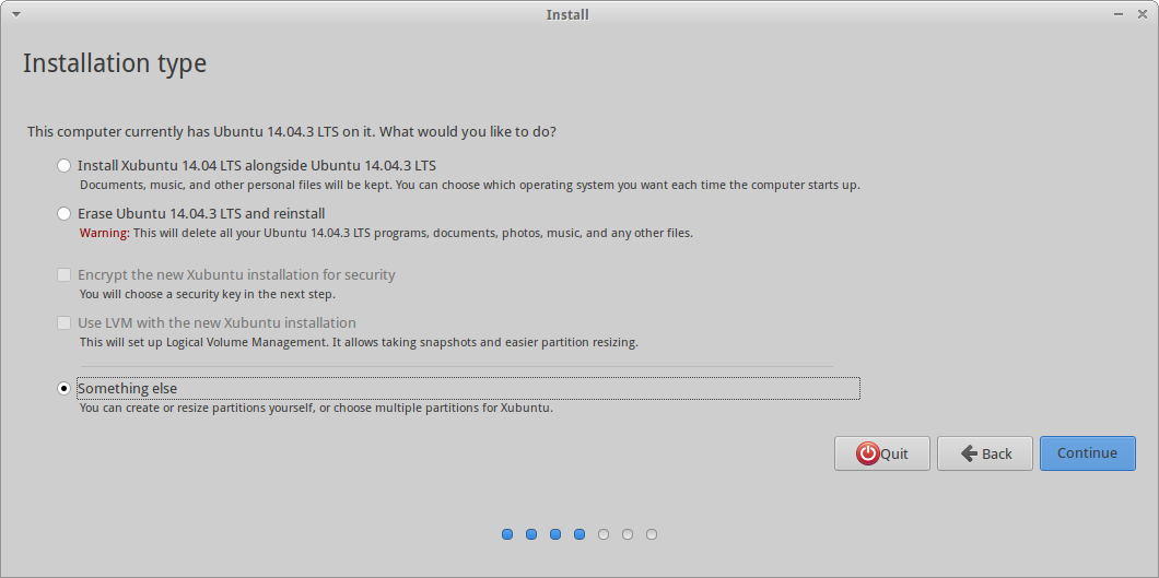 Screenshot of Xubuntu 14.04 install options