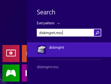 starting <code>diskmgmt.msc</code> from Windows search